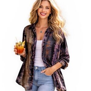 Johnny Was watercolor falls velvet button down NWT